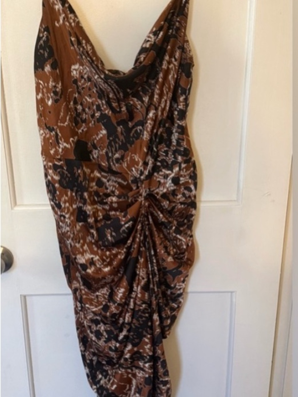 Black and Brown patterned dress. Ruched dress and cowl neck. Size 1XL